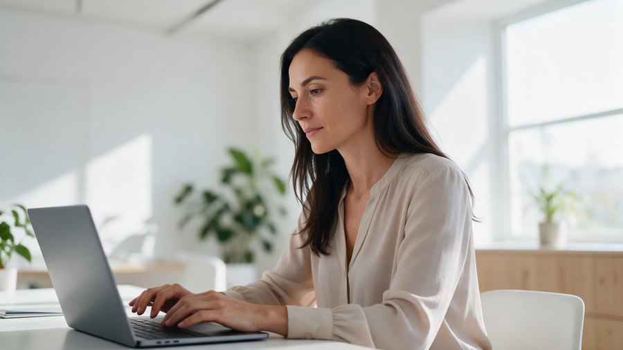 Freiberuflerin arbeitet am Laptop an ihrer Buchhaltung