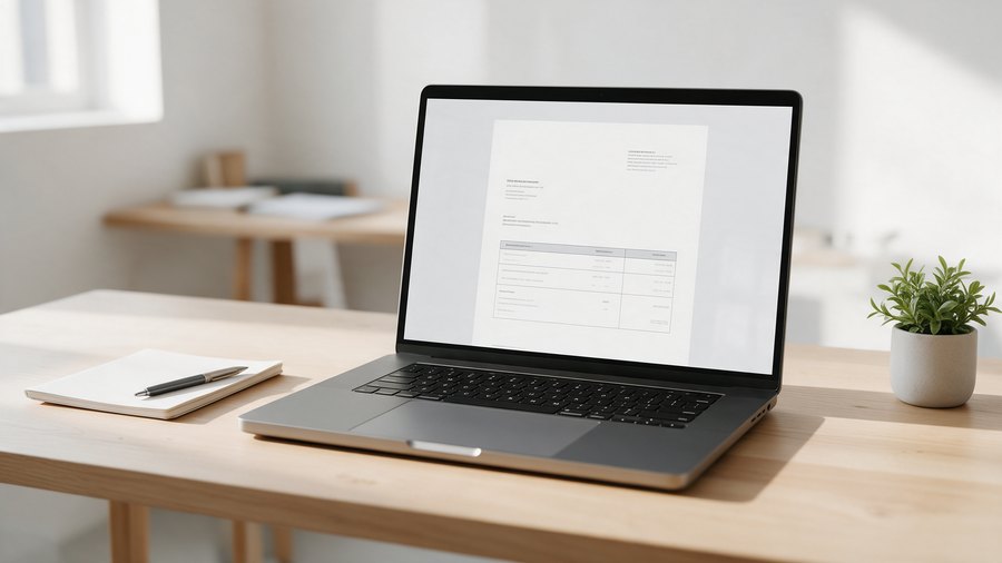 Laptop mit digitaler Rechnung auf einem hellen Schreibtisch