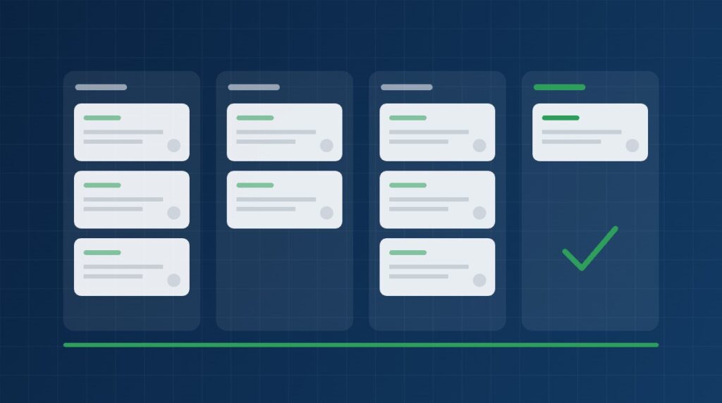 Illustration: Kanban-Board mit vier Spalten und Aufgabenkarten, letzte Spalte mit Häkchen
