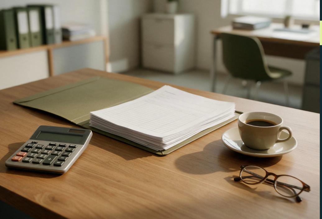 Schreibtisch mit Taschenrechner, Formularstapel in einer Mappe, Kaffeetasse und Lesebrille